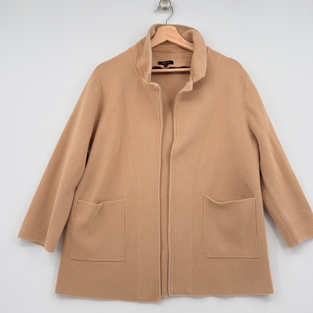 Quince Cardigan Coat Women XL Tan Open Front Knit Pockets Minimalist Luxury